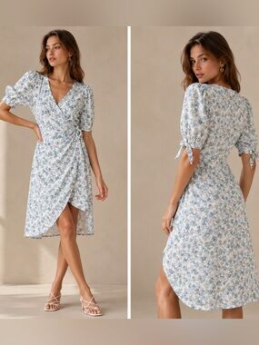 NWT Lulu's Exquisite Style White Floral Print Puff Sleeve Faux-Wrap Dress